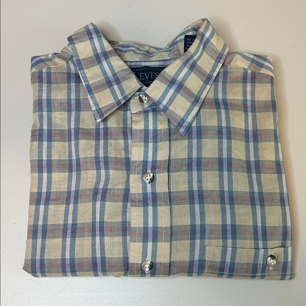 Levi’s Beige/Blue Plaid Casual Long Sleeve Button Down Shirt Size Large